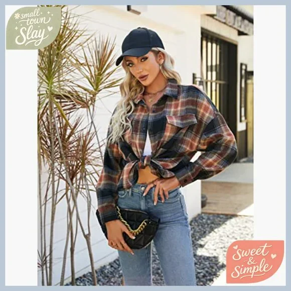 Oversized Flannel Shacket Button Down Shirt Long Sleeve Loose Fit Work Casual - Picture 4 of 6